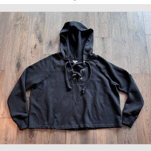 Aerie Oversized Slouchy Boxy Crop Lace-Up Hoodie Black Sweatshirt Size XS Active